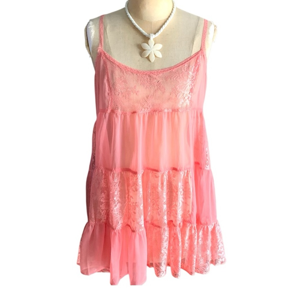 Free People Intimately tiered chiffon and lace pink babydoll slip dress- XS - Picture 3 of 11